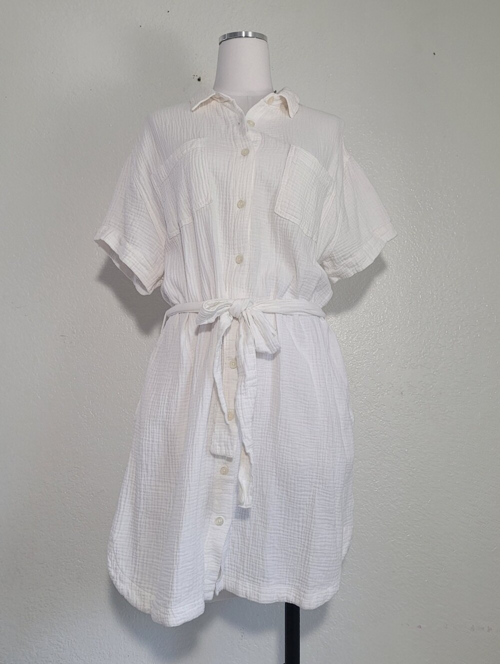 Weatherproof Vintage White Cotton Gauze Button Up Midi Large Dress withTie Belt